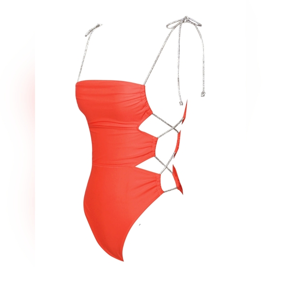 🧡Beverly Orange Red Crystal Lace Up One Piece Swimsuit - Picture 12 of 14